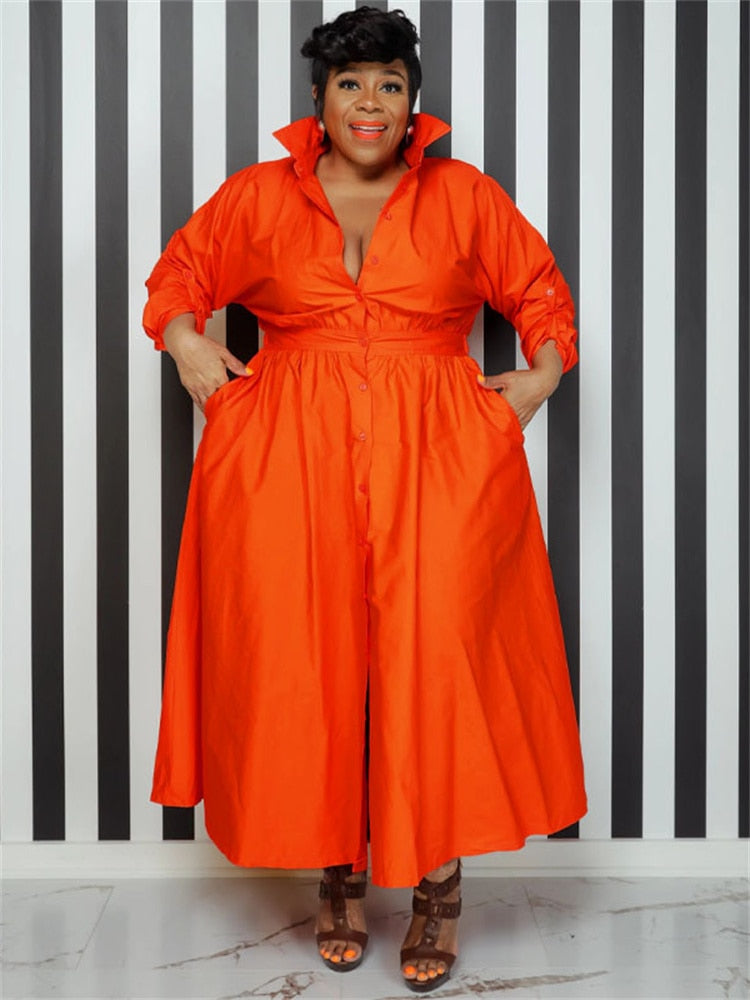 Women's Maxi Shirt Fashion Designer Casual Long Dresses (Plus Size) -  Orange / XL