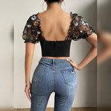 Women's Mesh Flower Embroidery S-L Corset Fashion Designer Crop Tops T-Shirts
