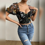 Women's Mesh Flower Embroidery S-L Corset Fashion Designer Crop Tops T-Shirts