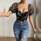 Women's Mesh Flower Embroidery S-L Corset Fashion Designer Crop Tops T-Shirts