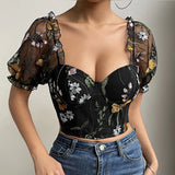 Women's Mesh Flower Embroidery S-L Corset Fashion Designer Crop Tops T-Shirts