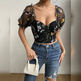 Women's Mesh Flower Embroidery S-L Corset Fashion Designer Crop Tops T-Shirts