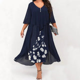 Women's Mesh Overlay 5XL Floral Fashion Designer Midi Dresses (Plus Size)