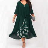 Women's Mesh Overlay 5XL Floral Fashion Designer Midi Dresses (Plus Size)