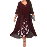 Women's Mesh Overlay 5XL Floral Fashion Designer Midi Dresses (Plus Size)-Women's Fashion Designer Plus Size Dresses-Burgundy-Women&#x27;s fashion designer plus size clothes