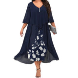 Women's Mesh Overlay 5XL Floral Fashion Designer Midi Dresses (Plus Size)-Women's Fashion Designer Plus Size Dresses-Navy Blue-Women&#x27;s fashion designer plus size clothes