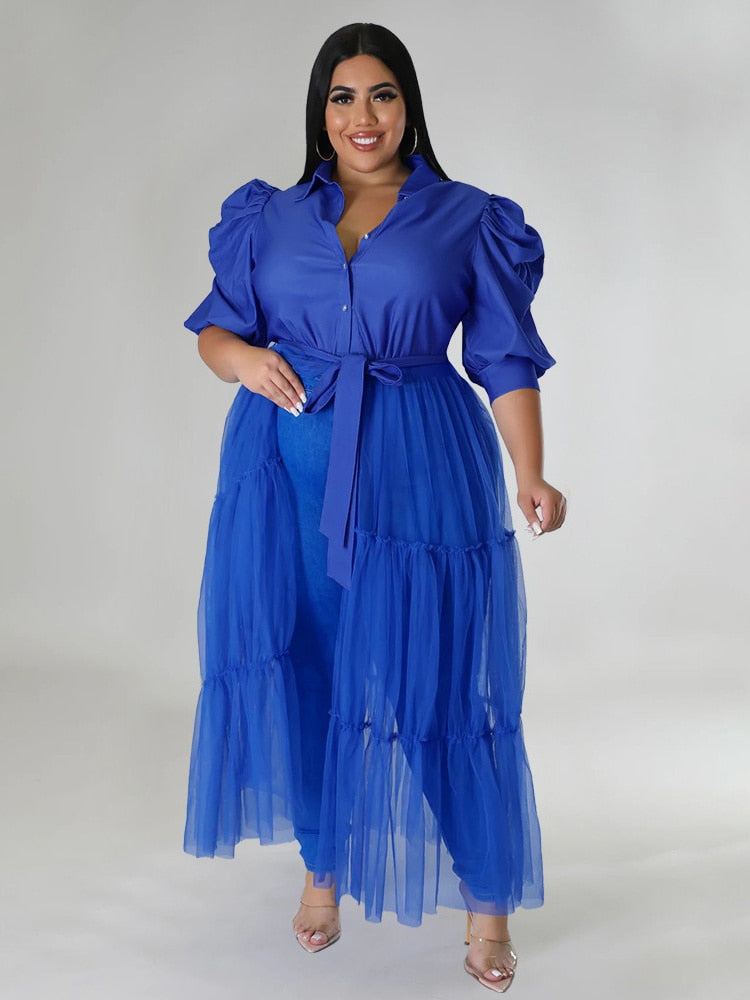 Women's Mesh Transparent Fashion Designer Puff Sleeve Long Dresses (Plus Size)