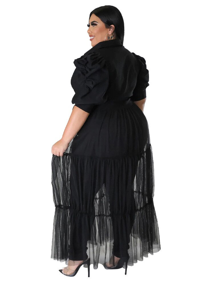 Women's Mesh Transparent Fashion Designer Puff Sleeve Long Dresses (Plus Size)