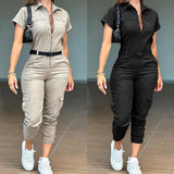 Women's Multi Pockets Cargo S-XL Fashion Designer Zipper Jumpsuits-Women's Fashion Designer Rompers / Jumpsuits-International Women's Clothing