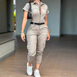 Women's Multi Pockets Cargo S-XL Fashion Designer Zipper Jumpsuits-Women's Fashion Designer Rompers / Jumpsuits-International Women's Clothing