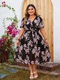 Women's Neck Butterfly Sleeve Belted Fashion Designer Midi Dresses (Plus Size)