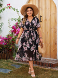 Women's Neck Butterfly Sleeve Belted Fashion Designer Midi Dresses (Plus Size)