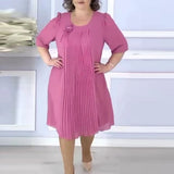 Women's O Neck Pleated 1-5XL Fashion Designer Midi Dresses (Plus Size)