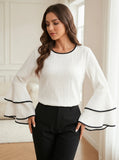 Women's O-neck Shirt Fashion Designer 1-5XL Flare Long-Sleeve Tops (Plus Size)