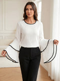 Women's O-neck Shirt Fashion Designer 1-5XL Flare Long-Sleeve Tops (Plus Size)