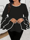 Women's O-neck Shirt Fashion Designer 1-5XL Flare Long-Sleeve Tops (Plus Size)
