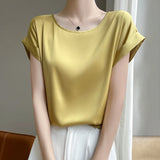 Women's O Neck Top Fashion Designer Blouse Satin T-Shirts-Women's Tops Fashion Designer Singlets
