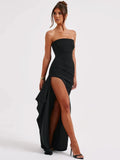 Women's Off Shoulder Fashion Designer Ruffled High Split Dresses (Long)-Women's Fashion Designer Dresses