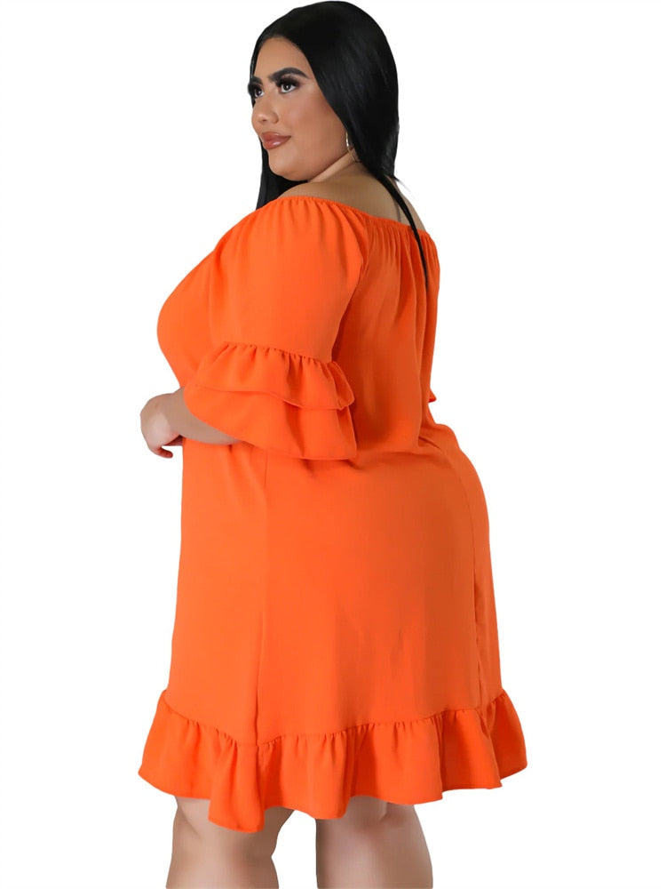 Women's Off-Shoulder Fashion Designer Ruffled Trim Short Dresses (Plus Size)