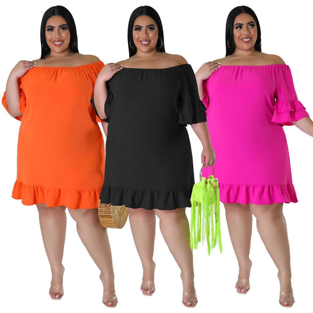 Women's Off-Shoulder Fashion Designer Ruffled Trim Short Dresses (Plus Size)