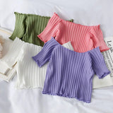 Women's Off Shoulder Knitted Ribbed Fashion Designer T-Shirts-Women's Tops Fashion Designer T-Shirts / Blouses