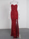 Women's Off Shoulder XS-L Split Sequin Fashion Designer Dresses (Long)-Women's Fashion Designer Dresses-International Women's Clothing