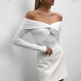Women's Off Shoulders Fashion Designer S-L Long-Sleeve Tops-Women's Fashion Designer Long-Sleeve Tops-White-Women&#x27;s fashion designer plus size clothes
