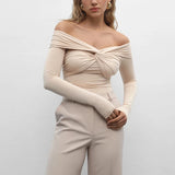 Women's Off Shoulders Fashion Designer S-L Long-Sleeve Tops-Women's Fashion Designer Long-Sleeve Tops-Lotus root color-Women&#x27;s fashion designer plus size clothes
