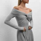 Women's Off Shoulders Fashion Designer S-L Long-Sleeve Tops-Women's Fashion Designer Long-Sleeve Tops-Gray-Women&#x27;s fashion designer plus size clothes