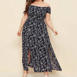 Women's Off Shoulders Fashion Designer Split Floral L-4XL Long Dresses (Plus Size)-China Mainland-Navy blue-L
