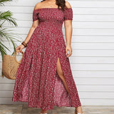 Women's Off Shoulders Fashion Designer Split Floral L-4XL Long Dresses (Plus Size)