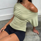 Women's One Shoulder Crop Loose S-L Top Ruched Fashion Designer T-Shirts