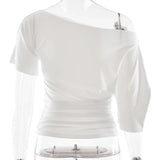 Women's One Shoulder Crop Loose S-L Top Ruched Fashion Designer T-Shirts