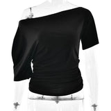 Women's One Shoulder Crop Loose S-L Top Ruched Fashion Designer T-Shirts