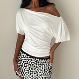 Women's One Shoulder Crop Loose S-L Top Ruched Fashion Designer T-Shirts