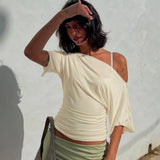 Women's One Shoulder S-L Crop Tops Lace Fashion Designer T-Shirts