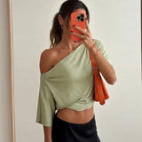 Women's One Shoulder S-L Crop Tops Lace Fashion Designer T-Shirts