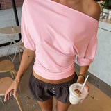 Women's One Shoulder S-L Crop Tops Lace Fashion Designer T-Shirts