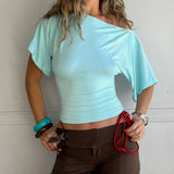 Women's One Shoulder S-L Crop Tops Lace Fashion Designer T-Shirts