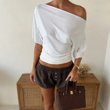 Women's One Shoulder S-L Crop Tops Lace Fashion Designer T-Shirts