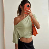 Women's One Shoulder S-L Crop Tops Lace Fashion Designer T-Shirts