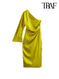 Women's One Shoulder Satin Asymmetrical Fashion Designer Dresses (Midi)