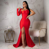 Women's One Sleeve S-XL Fashion Designer Backless Dresses (Long)-Women's Fashion Designer Dresses-Red-Women&#x27;s fashion designer plus size clothes