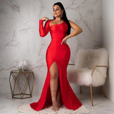 Women's One Sleeve S-XL Fashion Designer Backless Dresses (Long)-Women's Fashion Designer Dresses-International Women's Clothing
