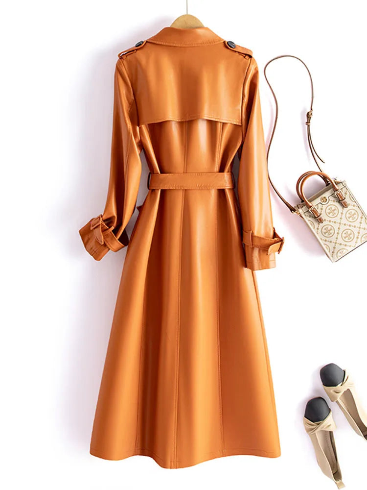 Women's Orange 2-7XL Designer Leather Trench Coats (Plus Size) Women's Orange 2-7XL Designer Leather Trench Coats (Plus Size)