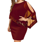 Women's Overlay Asymmetric 2-5XL Fashion Designer Short Dresses (Plus Size)-Claret-XXXL