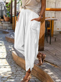 Women's Pantalons S-3XL Drawstring Loose Fashion Designer Linen Pants-Women's Fashion Designer Plus Size Leggings / Pants-WHITE-Women&#x27;s fashion designer plus size clothes