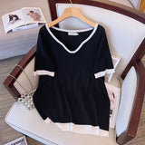 Women's Patchwork V-Neck 5-10XL Blouse Fashion Designer T-Shirts (Plus Size)-Women's Tops Fashion Designer Plus Size T-Shirts / Blouses