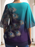 Women's Peacock Printed Chiffon Tops Fashion Designer Blouse T-Shirts (Plus Size)
