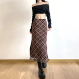 Women's Plaid Fashion S-L Designer Preppy Chiffon Skirts (Long)